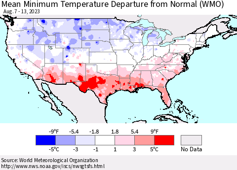 United States Mean Minimum Temperature Departure from Normal (WMO) Thematic Map For 8/7/2023 - 8/13/2023