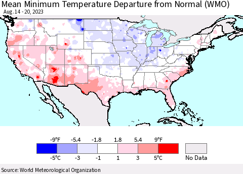 United States Mean Minimum Temperature Departure from Normal (WMO) Thematic Map For 8/14/2023 - 8/20/2023