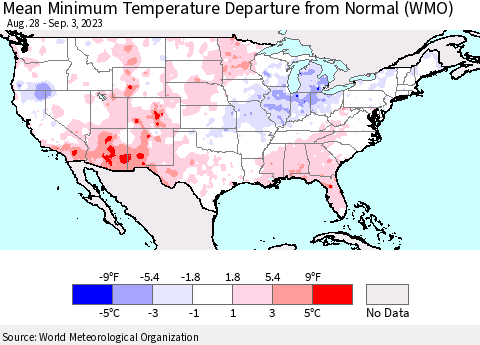 United States Mean Minimum Temperature Departure from Normal (WMO) Thematic Map For 8/28/2023 - 9/3/2023