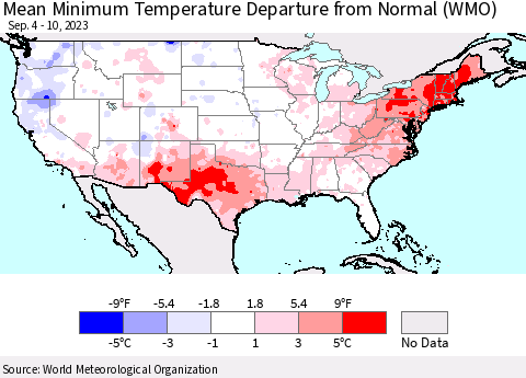 United States Mean Minimum Temperature Departure from Normal (WMO) Thematic Map For 9/4/2023 - 9/10/2023