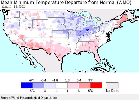 United States Mean Minimum Temperature Departure from Normal (WMO) Thematic Map For 9/11/2023 - 9/17/2023