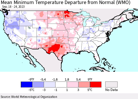 United States Mean Minimum Temperature Departure from Normal (WMO) Thematic Map For 9/18/2023 - 9/24/2023
