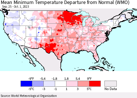 United States Mean Minimum Temperature Departure from Normal (WMO) Thematic Map For 9/25/2023 - 10/1/2023