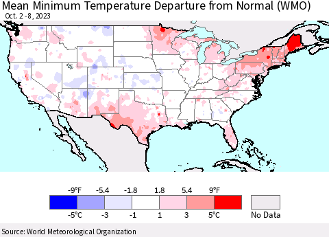 United States Mean Minimum Temperature Departure from Normal (WMO) Thematic Map For 10/2/2023 - 10/8/2023