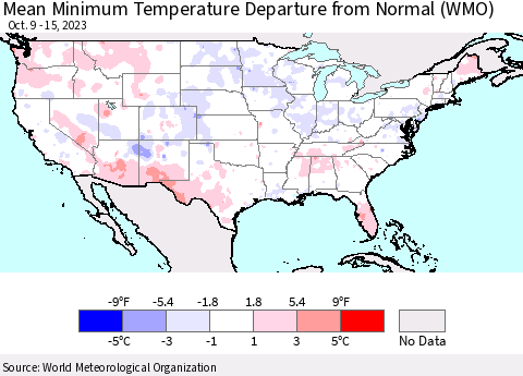 United States Mean Minimum Temperature Departure from Normal (WMO) Thematic Map For 10/9/2023 - 10/15/2023