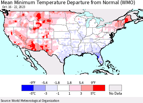 United States Mean Minimum Temperature Departure from Normal (WMO) Thematic Map For 10/16/2023 - 10/22/2023