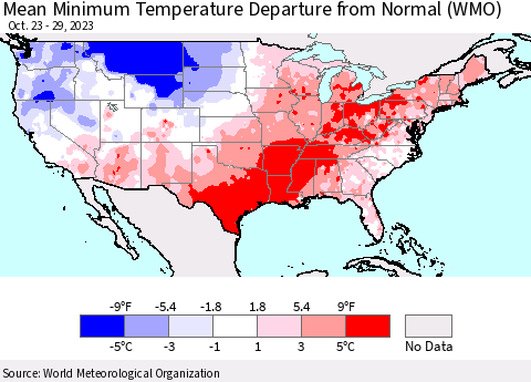 United States Mean Minimum Temperature Departure from Normal (WMO) Thematic Map For 10/23/2023 - 10/29/2023
