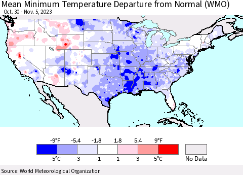 United States Mean Minimum Temperature Departure from Normal (WMO) Thematic Map For 10/30/2023 - 11/5/2023