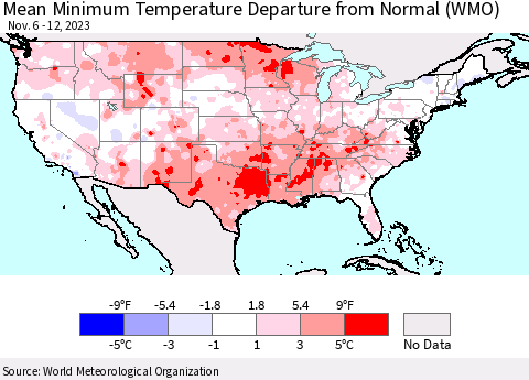 United States Mean Minimum Temperature Departure from Normal (WMO) Thematic Map For 11/6/2023 - 11/12/2023