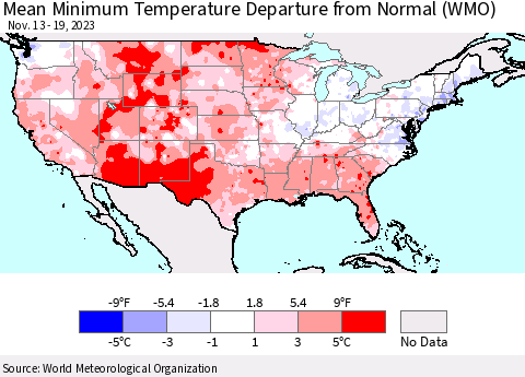 United States Mean Minimum Temperature Departure from Normal (WMO) Thematic Map For 11/13/2023 - 11/19/2023