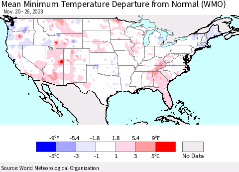 United States Mean Minimum Temperature Departure from Normal (WMO) Thematic Map For 11/20/2023 - 11/26/2023