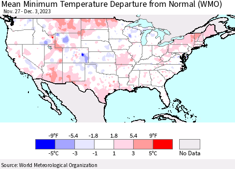United States Mean Minimum Temperature Departure from Normal (WMO) Thematic Map For 11/27/2023 - 12/3/2023