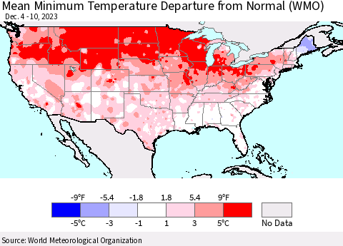 United States Mean Minimum Temperature Departure from Normal (WMO) Thematic Map For 12/4/2023 - 12/10/2023