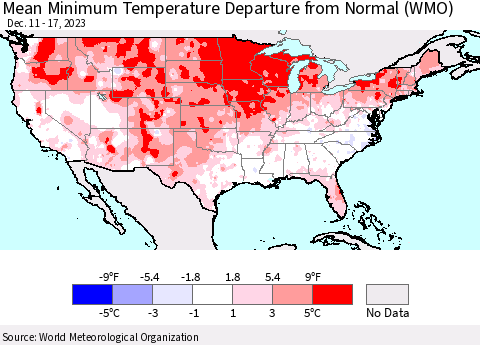 United States Mean Minimum Temperature Departure from Normal (WMO) Thematic Map For 12/11/2023 - 12/17/2023