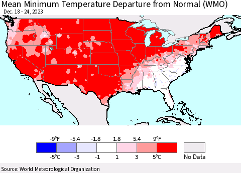 United States Mean Minimum Temperature Departure from Normal (WMO) Thematic Map For 12/18/2023 - 12/24/2023