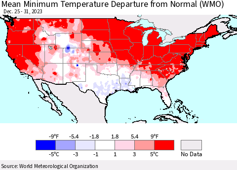 United States Mean Minimum Temperature Departure from Normal (WMO) Thematic Map For 12/25/2023 - 12/31/2023