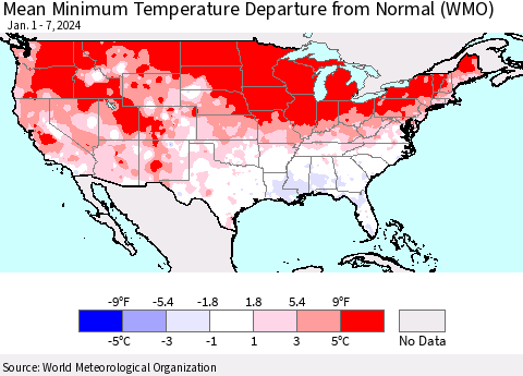 United States Mean Minimum Temperature Departure from Normal (WMO) Thematic Map For 1/1/2024 - 1/7/2024