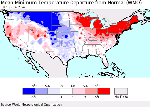 United States Mean Minimum Temperature Departure from Normal (WMO) Thematic Map For 1/8/2024 - 1/14/2024