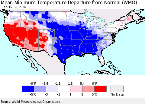 United States Mean Minimum Temperature Departure from Normal (WMO) Thematic Map For 1/15/2024 - 1/21/2024
