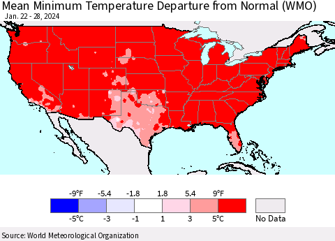 United States Mean Minimum Temperature Departure from Normal (WMO) Thematic Map For 1/22/2024 - 1/28/2024
