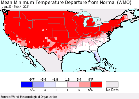 United States Mean Minimum Temperature Departure from Normal (WMO) Thematic Map For 1/29/2024 - 2/4/2024