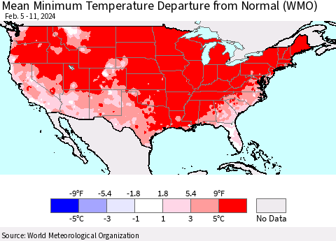 United States Mean Minimum Temperature Departure from Normal (WMO) Thematic Map For 2/5/2024 - 2/11/2024