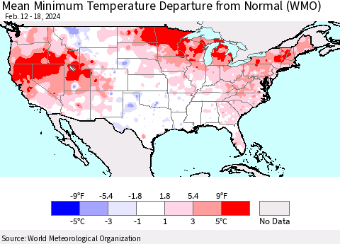 United States Mean Minimum Temperature Departure from Normal (WMO) Thematic Map For 2/12/2024 - 2/18/2024