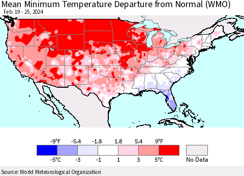 United States Mean Minimum Temperature Departure from Normal (WMO) Thematic Map For 2/19/2024 - 2/25/2024