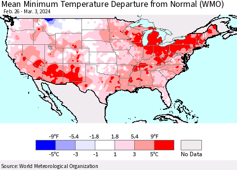 United States Mean Minimum Temperature Departure from Normal (WMO) Thematic Map For 2/26/2024 - 3/3/2024