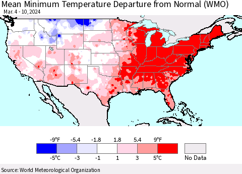 United States Mean Minimum Temperature Departure from Normal (WMO) Thematic Map For 3/4/2024 - 3/10/2024