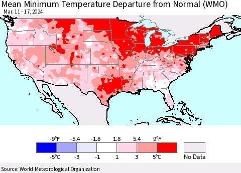 United States Mean Minimum Temperature Departure from Normal (WMO) Thematic Map For 3/11/2024 - 3/17/2024