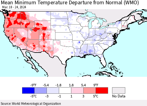United States Mean Minimum Temperature Departure from Normal (WMO) Thematic Map For 3/18/2024 - 3/24/2024