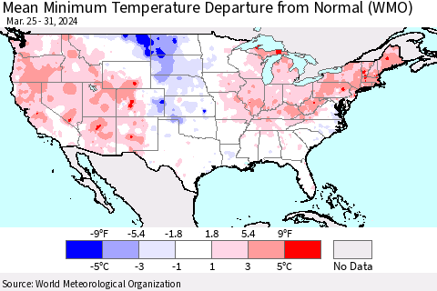 United States Mean Minimum Temperature Departure from Normal (WMO) Thematic Map For 3/25/2024 - 3/31/2024