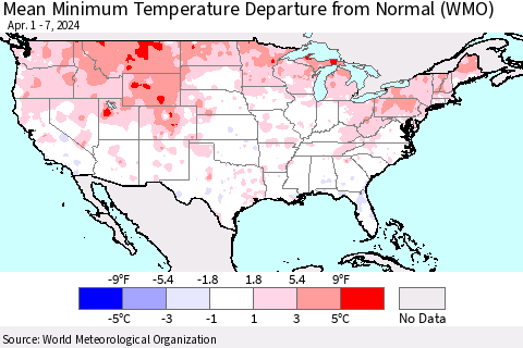 United States Mean Minimum Temperature Departure from Normal (WMO) Thematic Map For 4/1/2024 - 4/7/2024