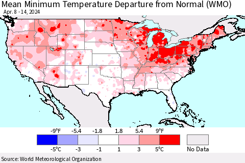 United States Mean Minimum Temperature Departure from Normal (WMO) Thematic Map For 4/8/2024 - 4/14/2024