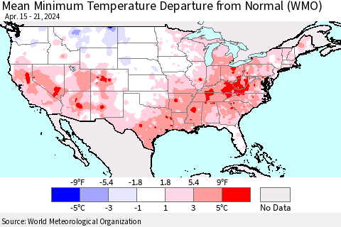 United States Mean Minimum Temperature Departure from Normal (WMO) Thematic Map For 4/15/2024 - 4/21/2024