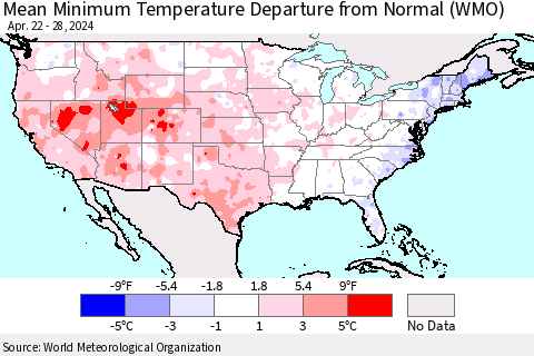 United States Mean Minimum Temperature Departure from Normal (WMO) Thematic Map For 4/22/2024 - 4/28/2024
