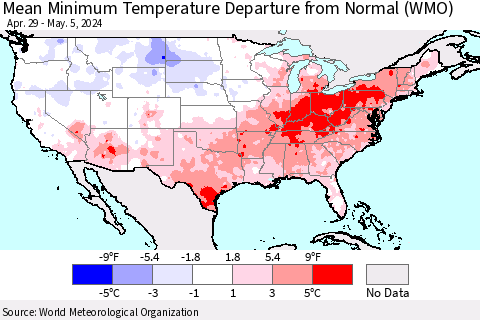 United States Mean Minimum Temperature Departure from Normal (WMO) Thematic Map For 4/29/2024 - 5/5/2024