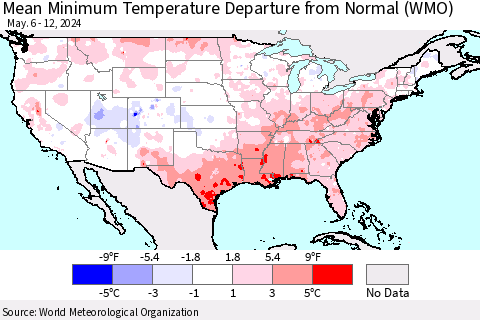 United States Mean Minimum Temperature Departure from Normal (WMO) Thematic Map For 5/6/2024 - 5/12/2024