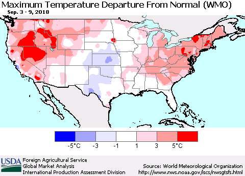 United States Mean Maximum Temperature Departure from Normal (WMO) Thematic Map For 9/3/2018 - 9/9/2018