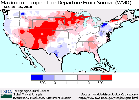 United States Mean Maximum Temperature Departure from Normal (WMO) Thematic Map For 9/10/2018 - 9/16/2018
