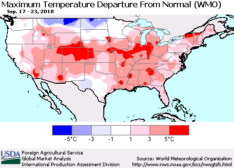 United States Mean Maximum Temperature Departure from Normal (WMO) Thematic Map For 9/17/2018 - 9/23/2018