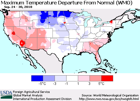 United States Mean Maximum Temperature Departure from Normal (WMO) Thematic Map For 9/24/2018 - 9/30/2018