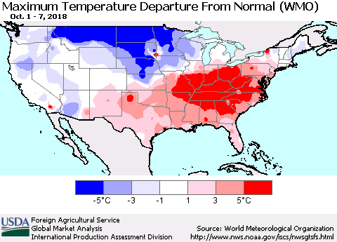 United States Mean Maximum Temperature Departure from Normal (WMO) Thematic Map For 10/1/2018 - 10/7/2018