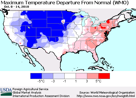 United States Mean Maximum Temperature Departure from Normal (WMO) Thematic Map For 10/8/2018 - 10/14/2018