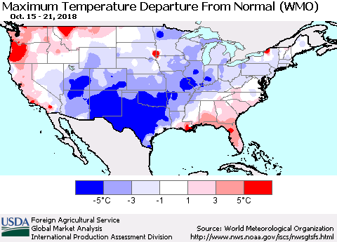United States Mean Maximum Temperature Departure from Normal (WMO) Thematic Map For 10/15/2018 - 10/21/2018
