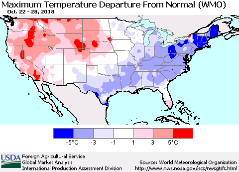 United States Mean Maximum Temperature Departure from Normal (WMO) Thematic Map For 10/22/2018 - 10/28/2018