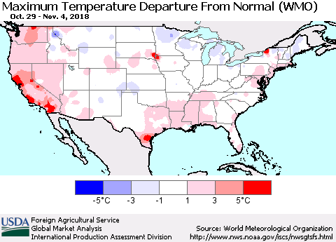 United States Mean Maximum Temperature Departure from Normal (WMO) Thematic Map For 10/29/2018 - 11/4/2018