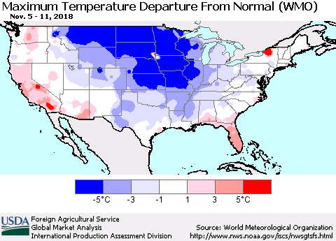 United States Mean Maximum Temperature Departure from Normal (WMO) Thematic Map For 11/5/2018 - 11/11/2018