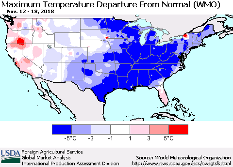 United States Mean Maximum Temperature Departure from Normal (WMO) Thematic Map For 11/12/2018 - 11/18/2018